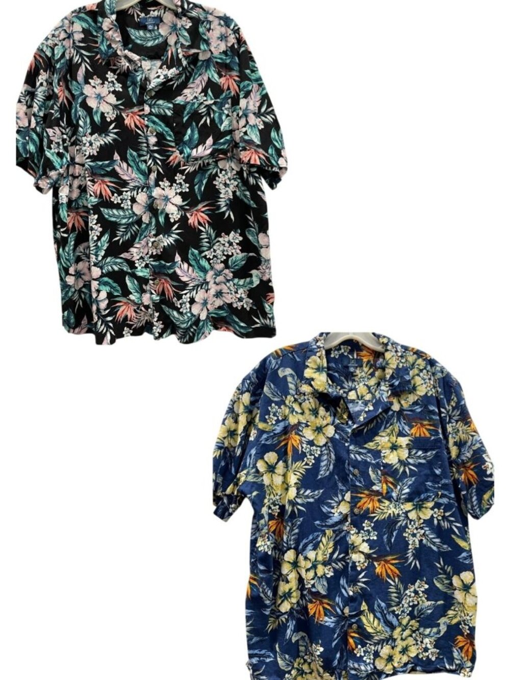 2 Floral Hawaiian Shirt Lot Mens XL Blue Black Button Down Resort Vacation Beach